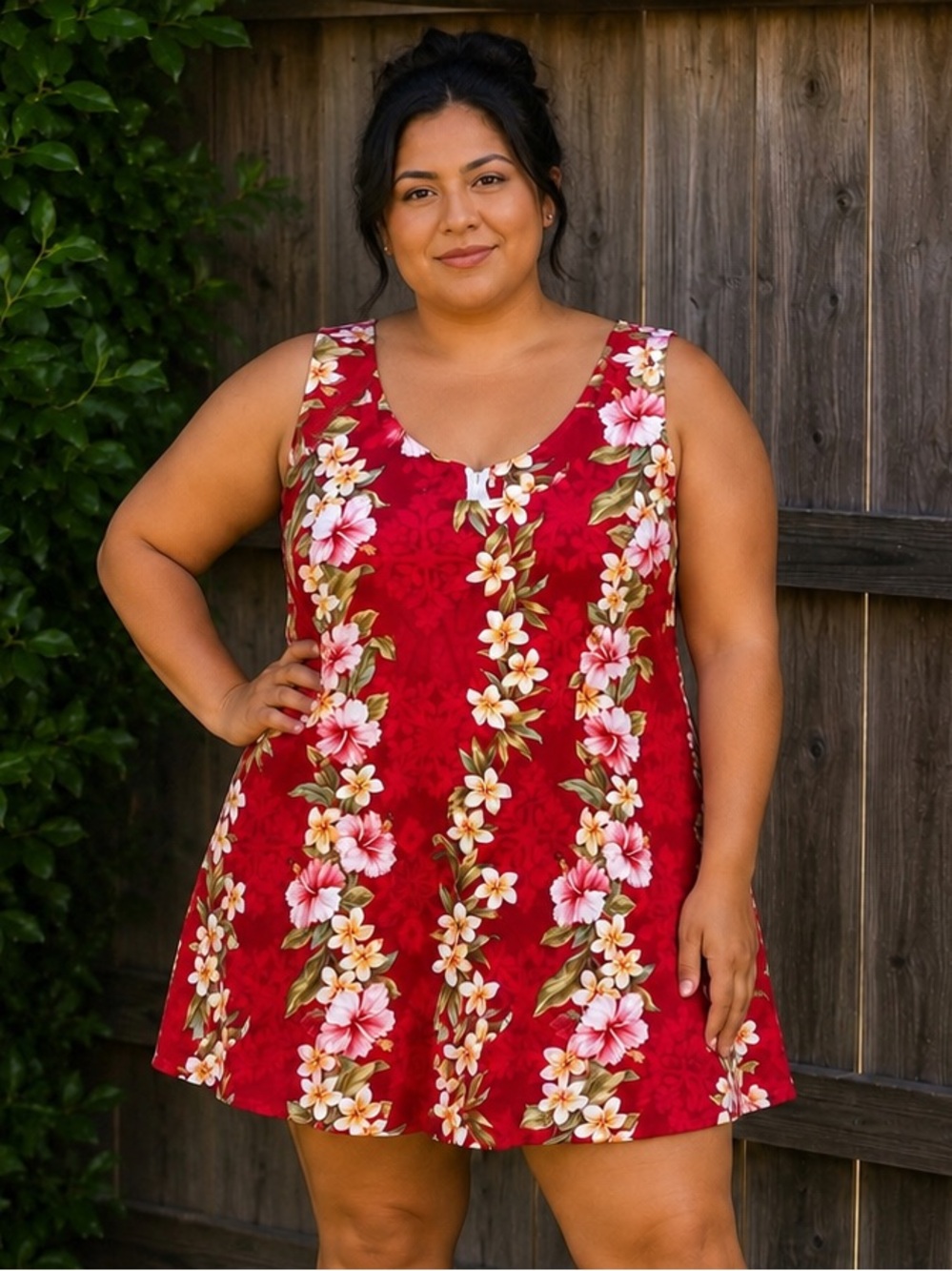 Vintage Handmade Floral Hawaiian Print Red Mini Dress Sz. 1X